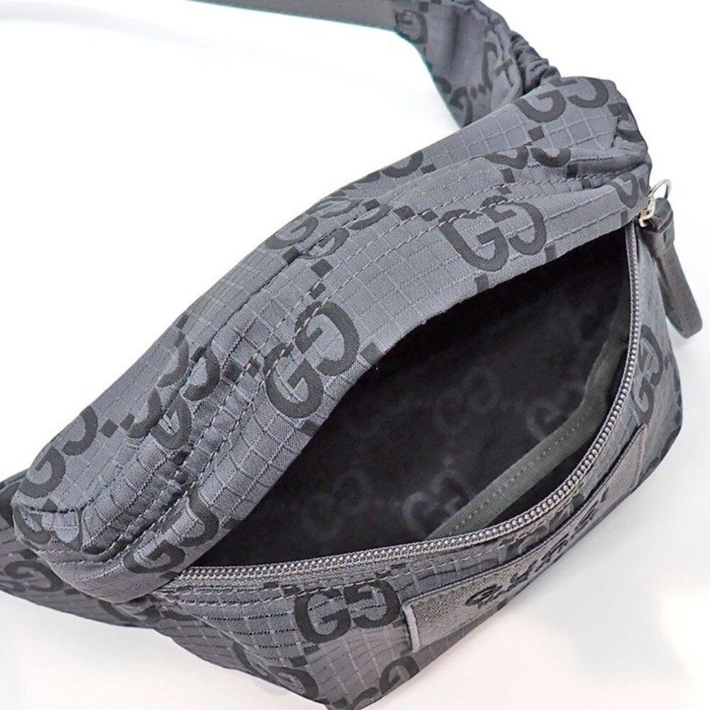 Gucci Belt Bag Large Facpm 1246 Dark Grey Black GG Nylon Leather Silver - Picture 5 of 10